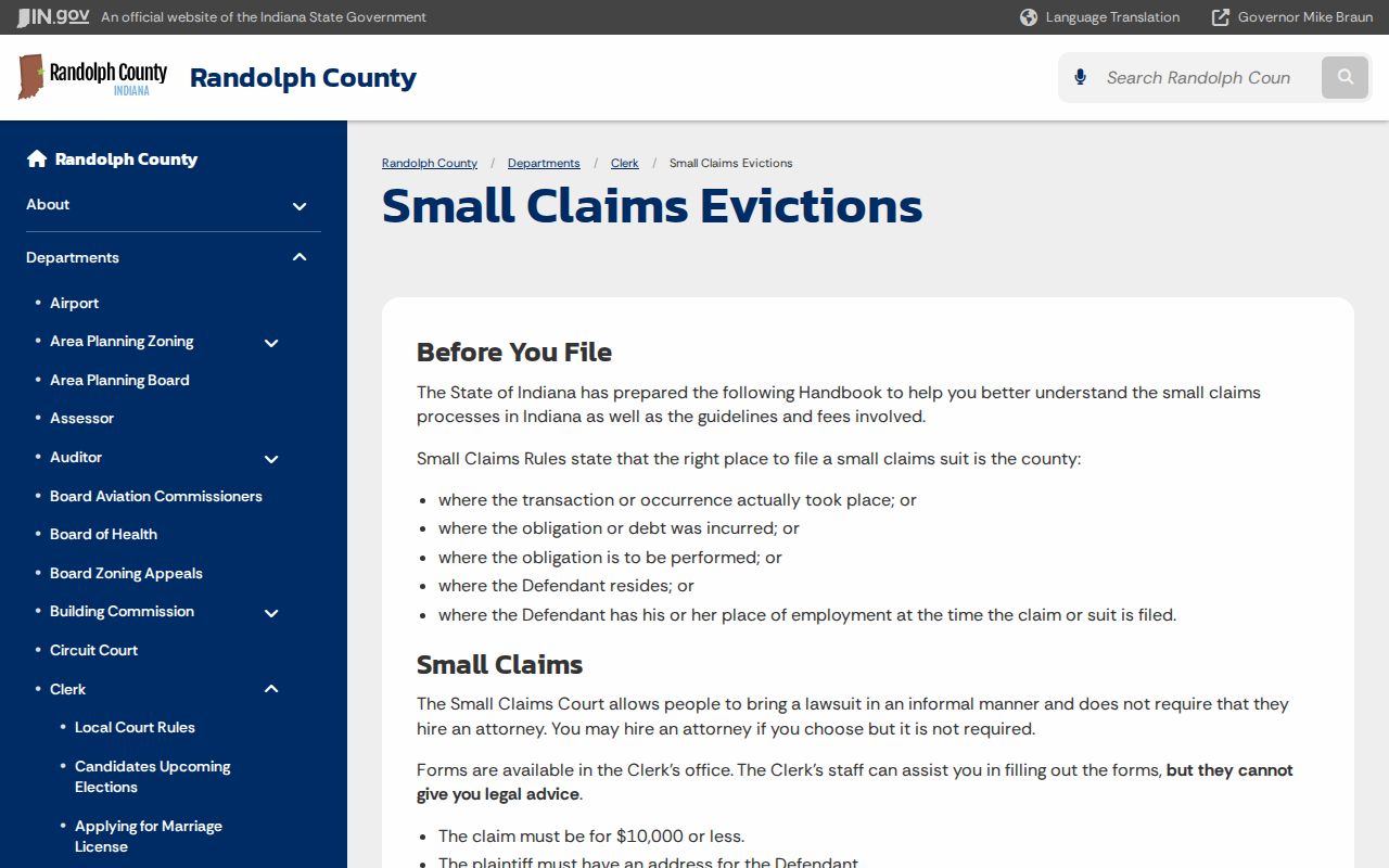 Randolph County civil court docket small claims and eviction filing page