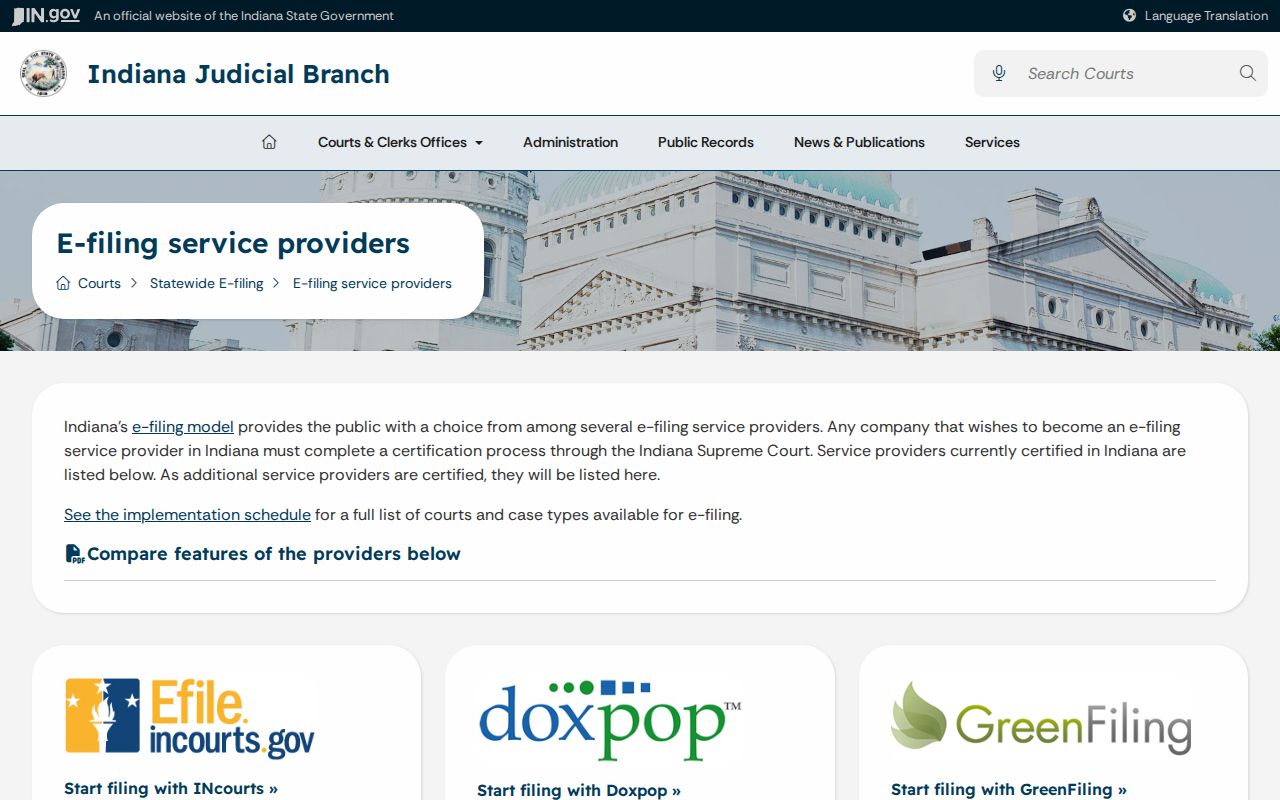 Indiana certified e-filing provider list used for Randolph court filings