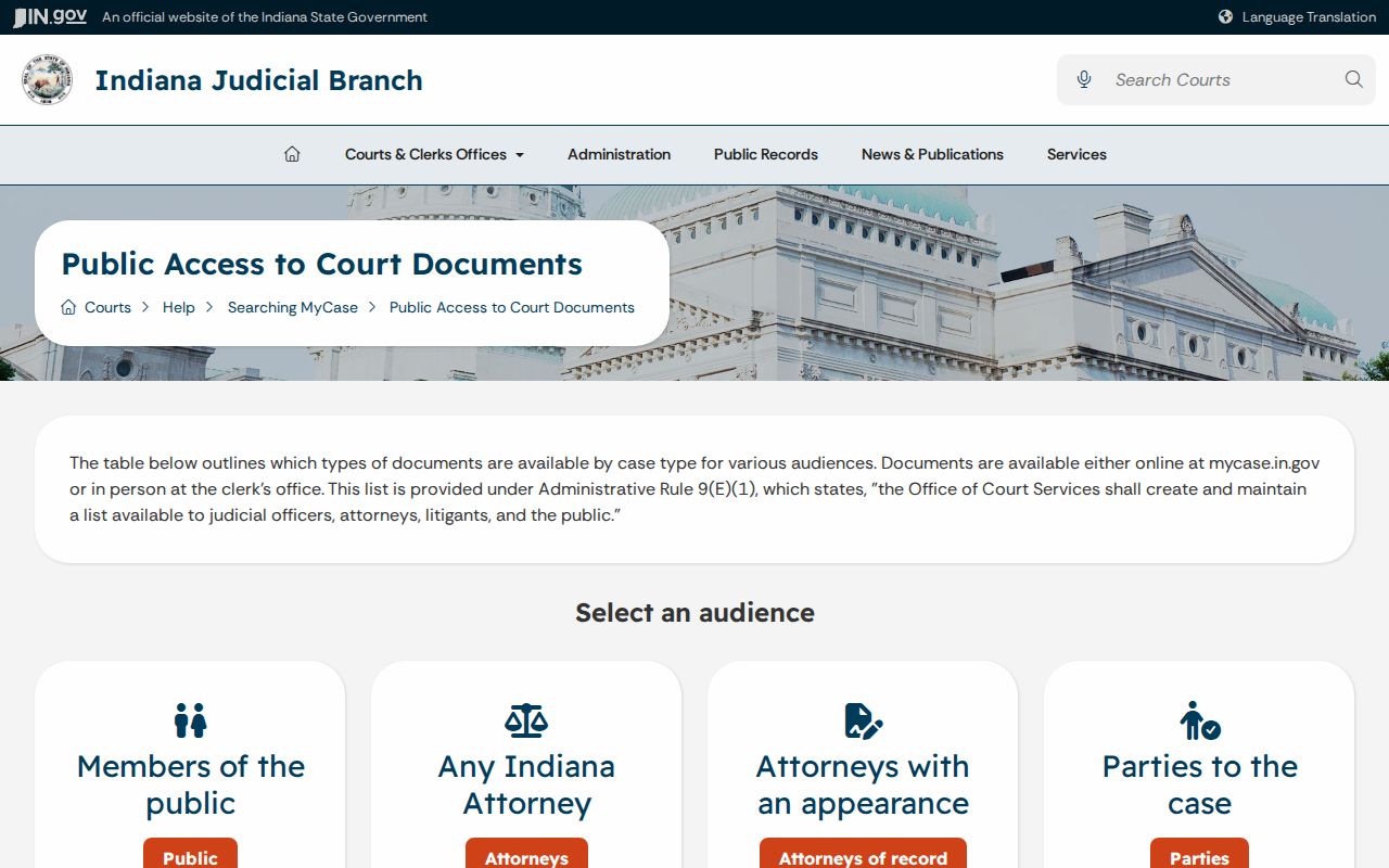 MyCase document availability matrix for Randolph County public case records