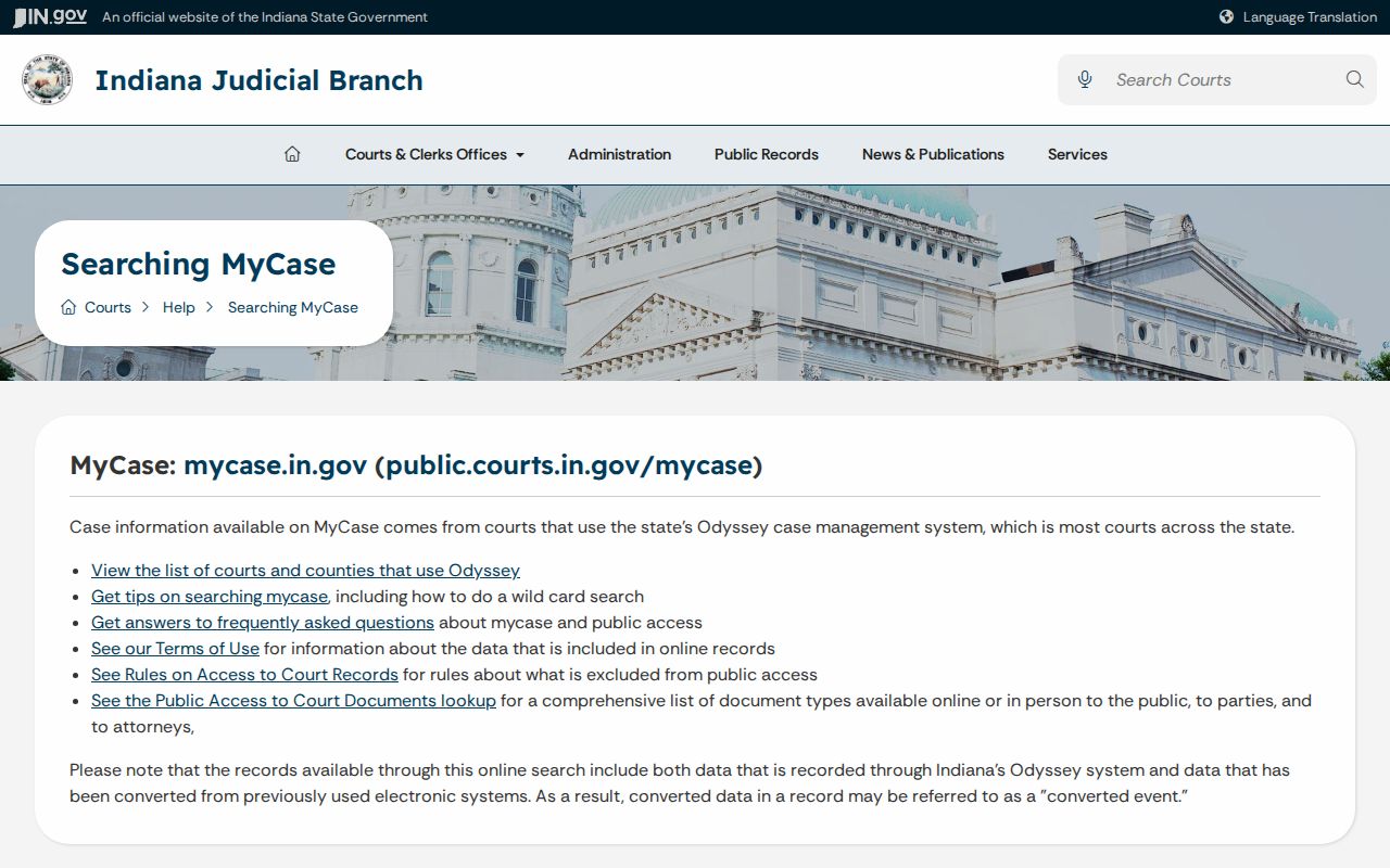 Indiana MyCase help for Randolph County public case searches