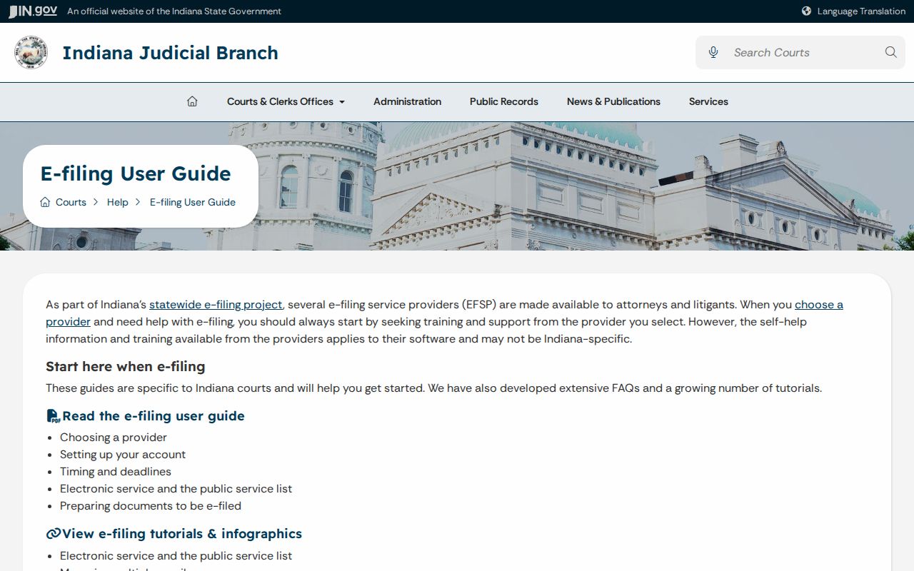 Indiana e-filing help showing filing workflow distinct from Randolph traffic record access